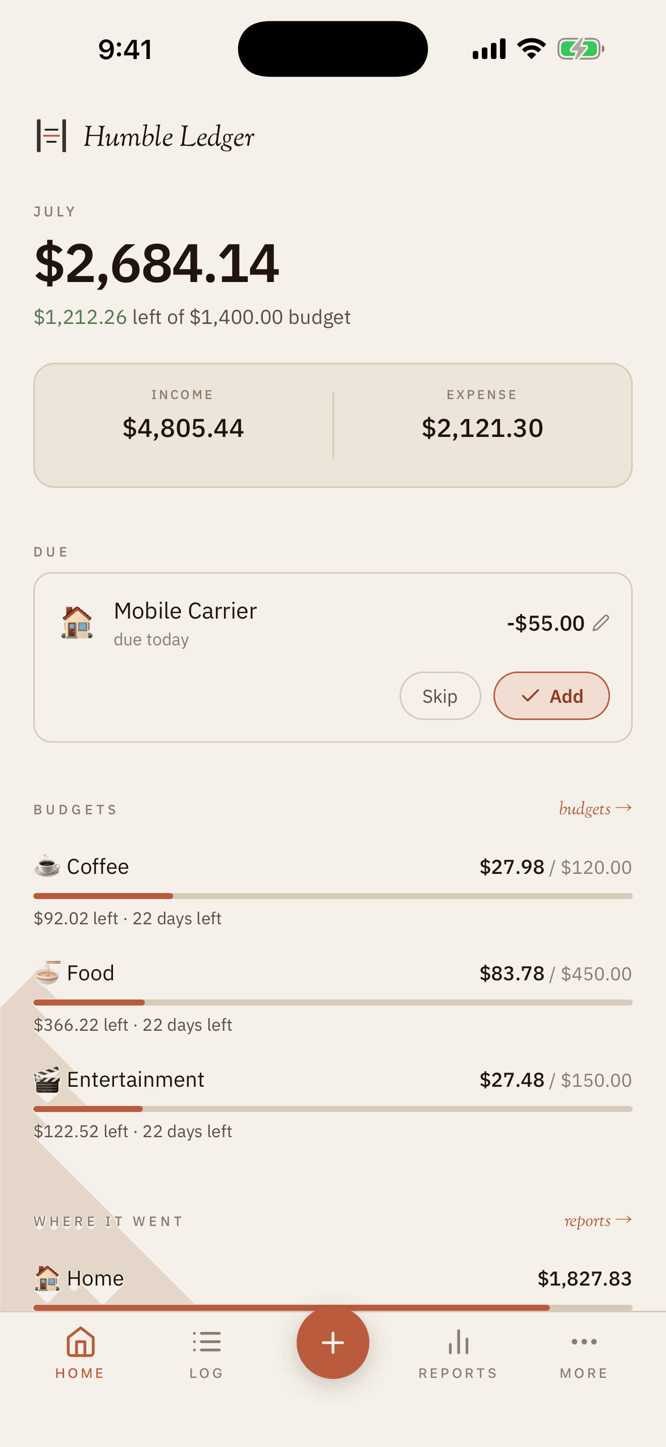The Humble Ledger home screen, showing net worth and recent transactions in multiple currencies.